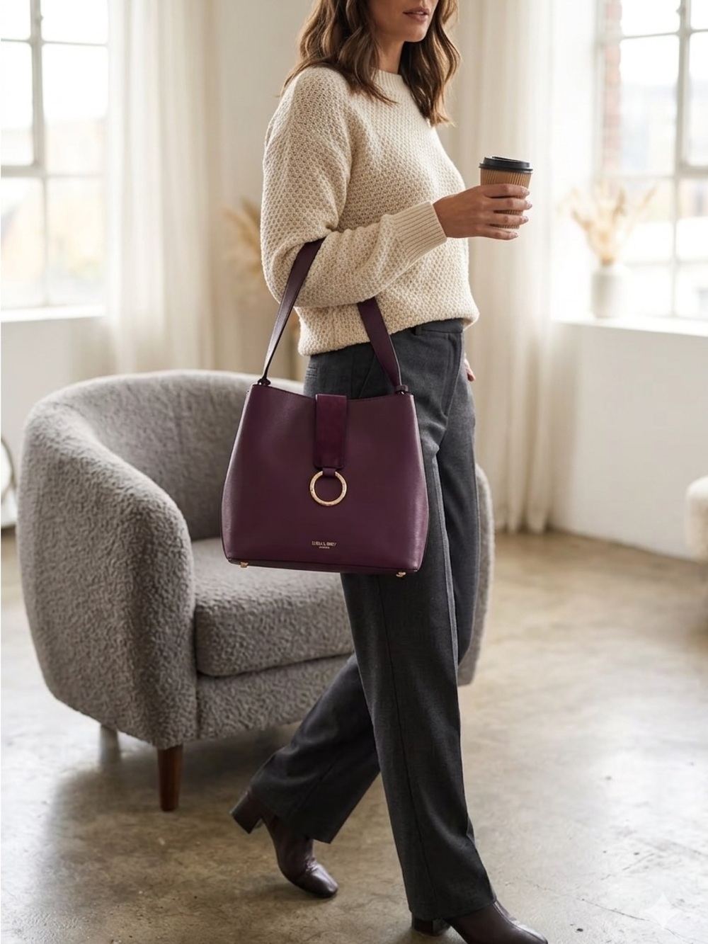 Luella Grey London Plum Leather Shoulder Bag with Gold Ring